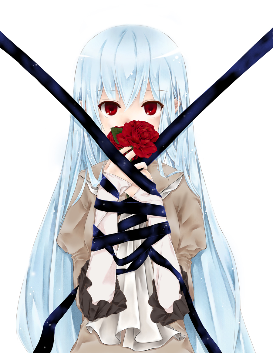 arisato316 bad_id blue_hair covering_mouth flower long_hair original red_eyes ribbon rose solo