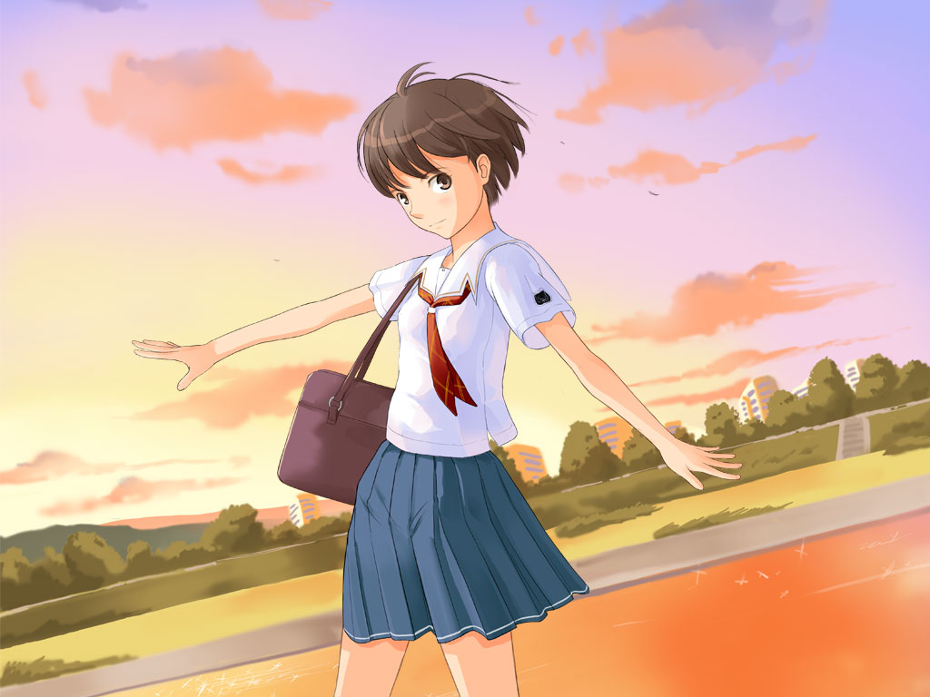 brown_eyes brown_hair kimi_kiss river satonaka_narumi school_uniform serafuku short_hair sunset