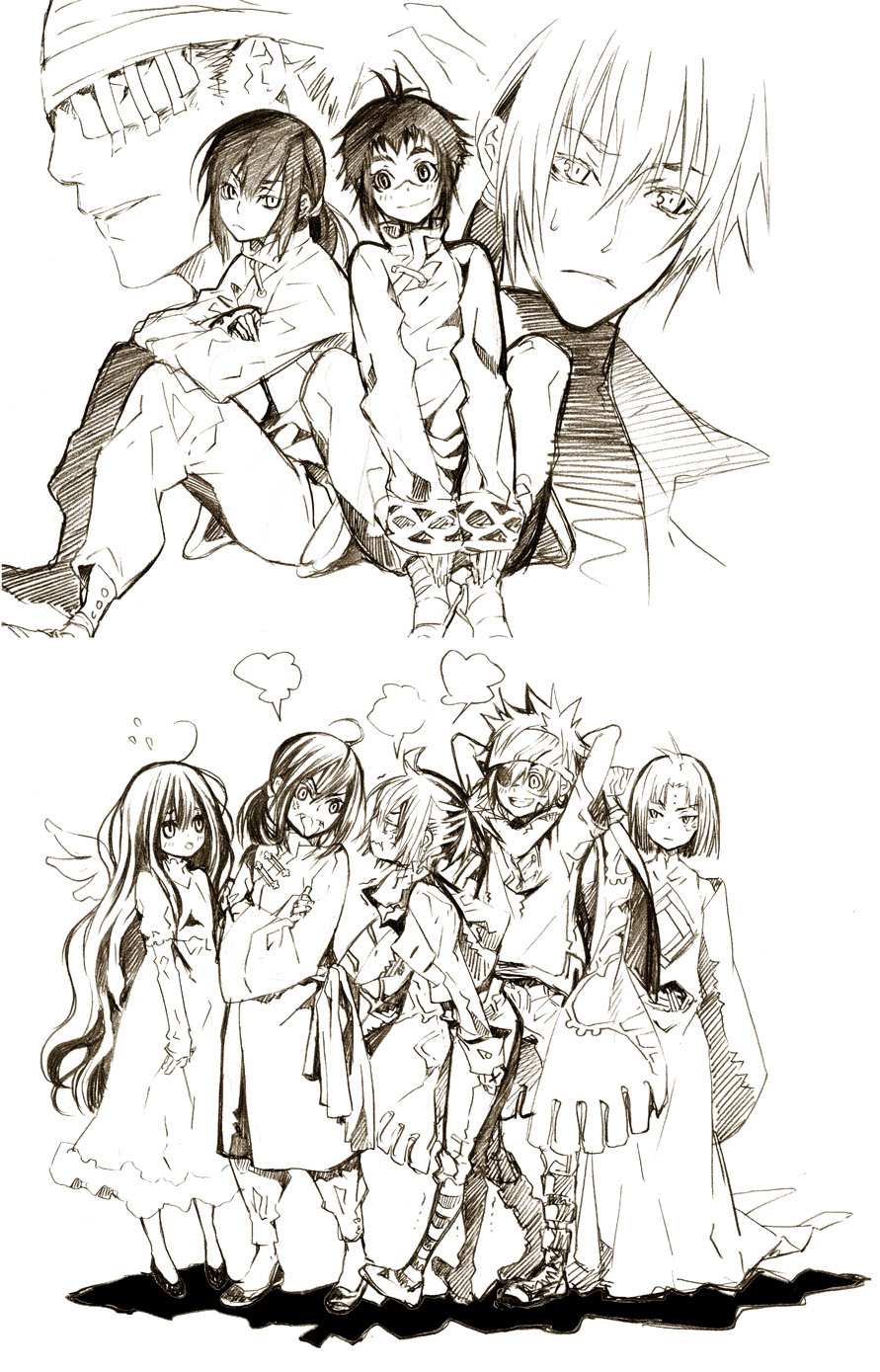 alma_karma bak_chang brown child d.gray-man everyone highres howard_link kanda_yuu lavi lenalee_lee monochrome noise_marie simple_background sketch suga_(pixiv1304559) sugahara_ryuu white_background young