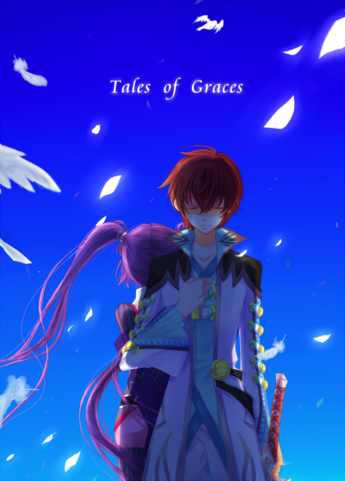 1girl asbel_lhant back-to-back blue_background brown_hair feathers ichihara_misaki purple_hair shirokuro_(pixiv419575) sophie_(tales_of_graces) sword tales_of_(series) tales_of_graces title_drop weapon