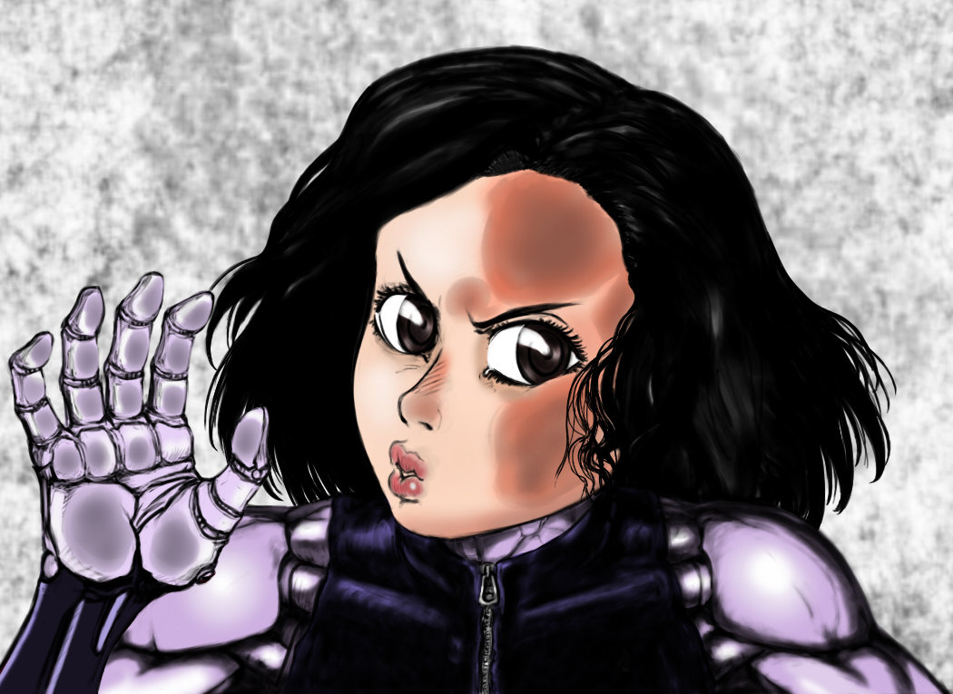 against_glass bare_shoulders bust colored cyborg drawfag gally gunnm hands lips nose short_hair solo zipper