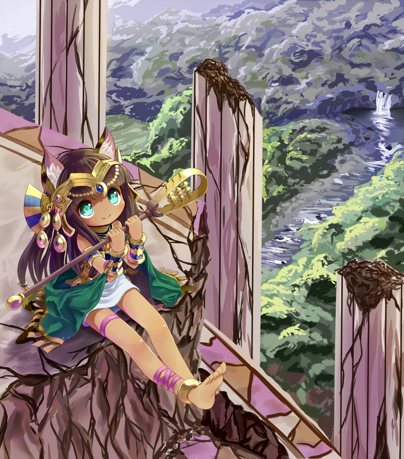 1girl anklet aqua_eyes barefoot bastet_(p&amp;d) bracelet brown_hair feet hairband jewelry long_hair puzzle_&amp;_dragons ruins shikei_(jigglypuff) sitting skirt smile soles solo staff toes