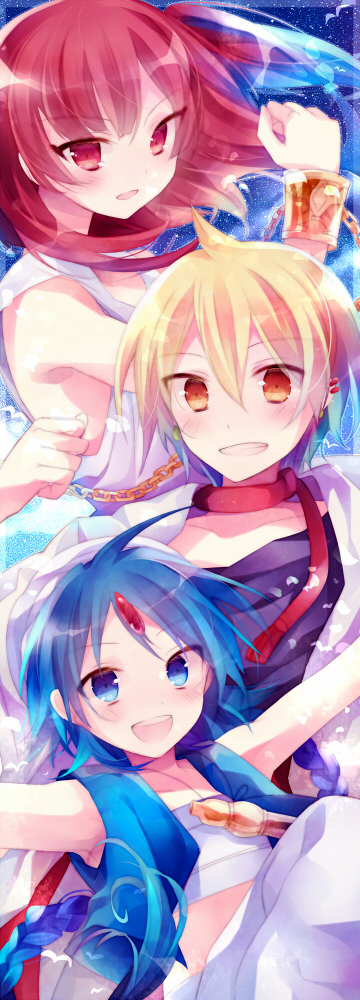 2boys aladdin_(magi) ali_baba_saluja blonde_hair blue_eyes blue_hair blush braid chain chains clenched_hand dress ibara_riato magi_the_labyrinth_of_magic morgiana multiple_boys open_mouth outstretched_arms pants raised_fist red_eyes red_hair redhead ribbon shirt smile twin_braids vest white_dress wristband yellow_eyes