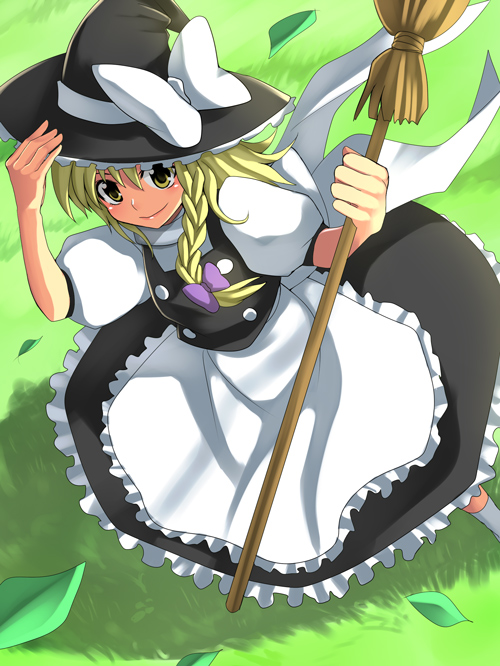 blonde_hair bow braid broom dress dutch_angle from_above glass hair_bow hair_ribbon hand_on_hat hat kirisame_marisa leaf long_hair ribbon socks solo touhou witch witch_hat yui_tooru