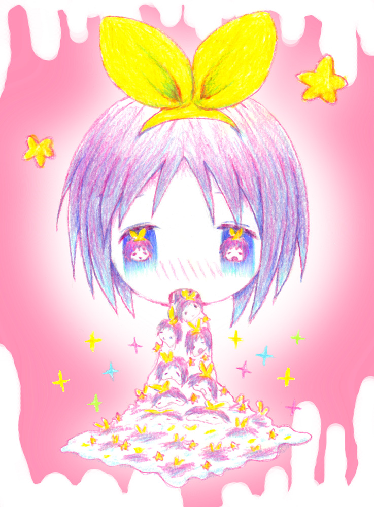 bow colored_pencil_(medium) commentary_request eyes face hair_bow hairband hiiragi_tsukasa leica lucky_star melting parody purple_hair short_hair sparkle star surreal traditional_media vomiting what