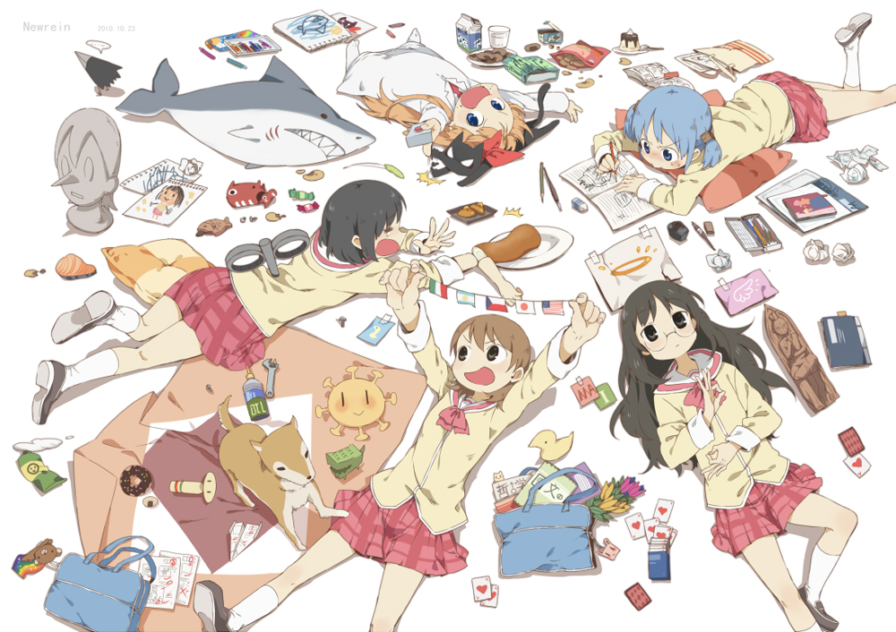 aioi_yuuko bag black_eyes black_hair blue_eyes blue_hair book brown_hair candy card cards circle_formation cookie crow_(nichijou) dog drawing flag food glasses hair_cubes hair_ornament hand_gesture kokeshi long_hair lying milk minakami_mai multiple_girls naganohara_mio newrein nichijou ok_sign on_back on_stomach open_mouth orange_hair paper plaid plaid_skirt playing_card potato_chips sakamoto_(nichijou) school_bag school_uniform shark shinonome_nano short_hair skirt twintails winding_key