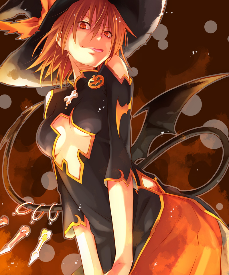 brown_eyes brown_hair cleavage_cutout cosplay demon_tail eretto halloween hat looking_at_viewer looking_down misaka_worst solo tail to_aru_majutsu_no_index tongue tongue_out wings witch_hat
