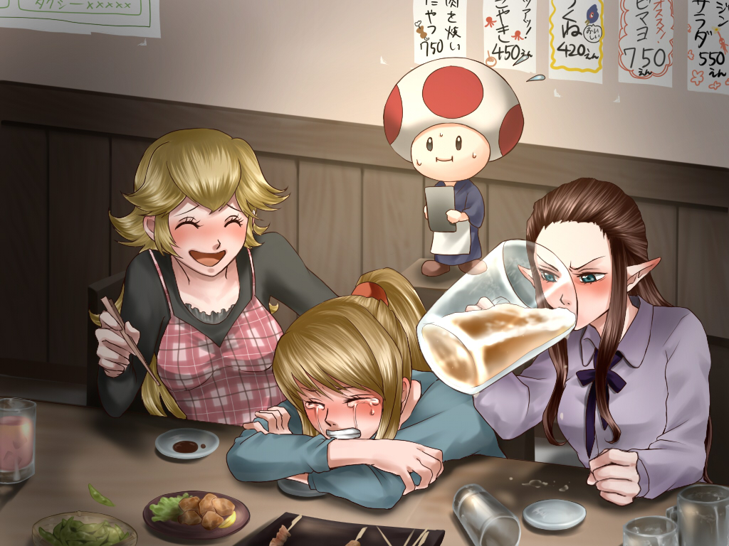 3girls adult apron beer blonde_hair blue_eyes blush brown_hair casual chair chopsticks company_connection crossover crying cup depressed dress_shirt drunk elf eyes_closed female food forehead human hylian koei_tecmo legemd long_hair metroid mug multiple_girls nintendo nintendo_ead open_mouth pitcher pointy_ears ponytail princess_peach princess_zelda restaurant retro_studios sad samus_aran shirt sitting smile sobbing sora_(company) super_mario_bros. super_smash_bros. super_smash_bros_brawl team_ninja tears the_legend_of_zelda toad toad_(mario) twilight_princess wasabi_(legemd)