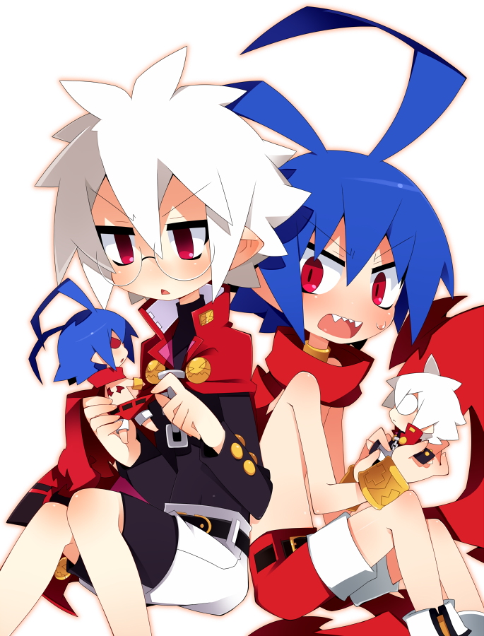 :o albino antenna_hair bad_id blue_hair cape character_doll disgaea fang glasses laharl makai_senki_disgaea makai_senki_disgaea_3 male mao mao_(disgaea) multiple_boys mushimaro open_mouth pointy_ears red_eyes scarf shirtless shorts white_background white_hair
