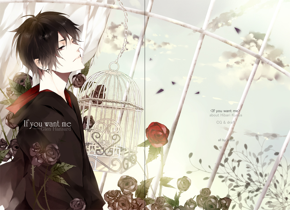 black_hair black_rose black_rose_(flower) brown_eyes cage english flower hibari_kyouya josco katekyo_hitman_reborn katekyo_hitman_reborn! male red_rose rose short_hair solo