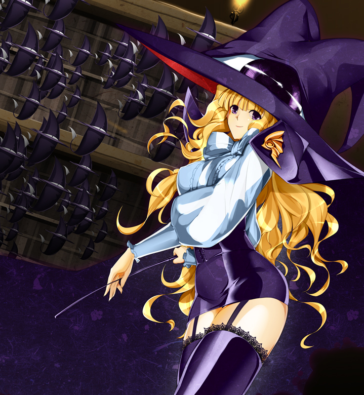 blonde_hair bowa creature erect_nipples garter_straps hat lace lace-trimmed_thighhighs legs lilith long_hair long_sleeves microskirt puffy_sleeves purple_eyes skirt solo thigh-highs thighhighs thighs violet_eyes wavy_hair whip witch_hat yami_to_boushi_to_hon_no_tabibito zettai_ryouiki