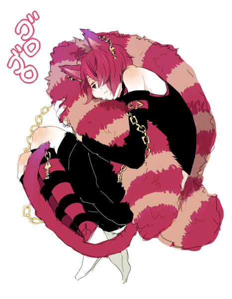:3 animal_ears bad_id boa boris_airay cat_ears cat_tail chain chains closed_eyes detached_sleeves earrings eyes_closed feather_boa fingernails hair_over_one_eye heart_no_kuni_no_alice jewelry lying male on_side piercing pink_hair pink_legwear rough shorts simple_background sleeping solo striped striped_kneehighs tail tattoo use white_background