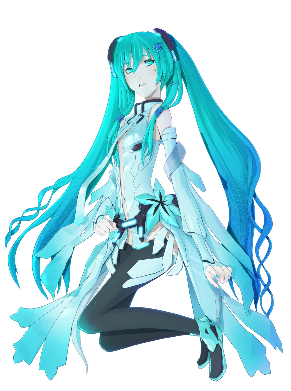 aqua_eyes aqua_hair bad_hands belt cosplay detached_sleeves guilty_crown hatsune_miku hatsune_miku_(append) highres long_hair magzz miku_append navel necktie simple_background solo thigh-highs thighhighs twintails very_long_hair vocaloid vocaloid_append yuzuriha_inori yuzuriha_inori_(cosplay) zettai_ryouiki