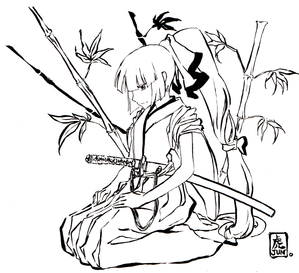 bad_id fujiwara_no_mokou hakama hime_cut japanese_clothes katana monochrome ponytail seiza serious sitting sketch solo sword tora_jun touhou weapon
