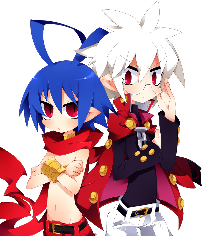adjusting_glasses albino antenna_hair bad_id belt blue_hair cape crossed_arms disgaea glasses laharl makai_senki_disgaea makai_senki_disgaea_3 male mao mao_(disgaea) multiple_boys mushimaro no_pupils pointy_ears red_eyes scarf shirtless slit_pupils spiked_hair spiky_hair white_hair
