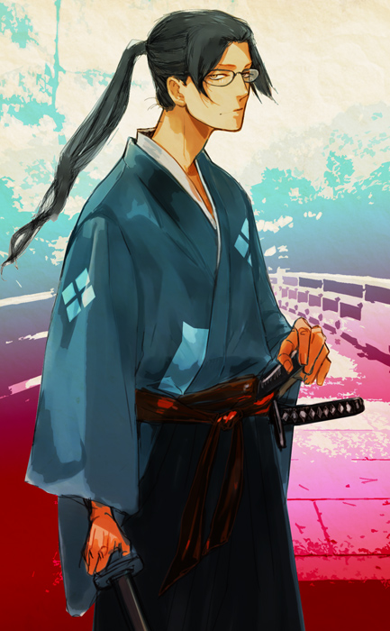 bad_id black_hair glasses japanese_clothes jin katana kimono male mushiba_natta ponytail samurai_champloo solo sword weapon