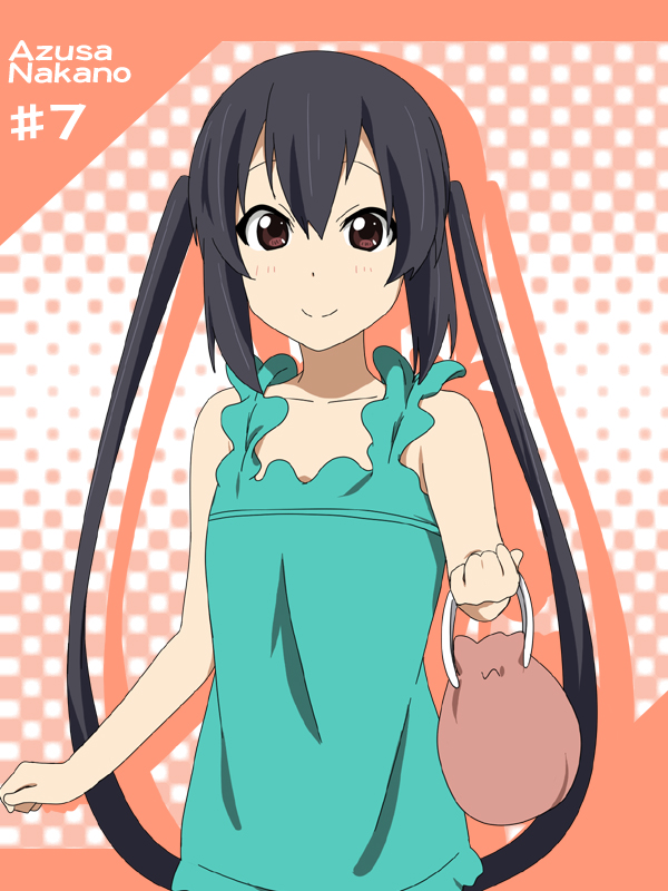 bag bare_shoulders black_hair brown_eyes casual character_name ikari_manatsu k-on! long_hair nakano_azusa purse smile solo twintails