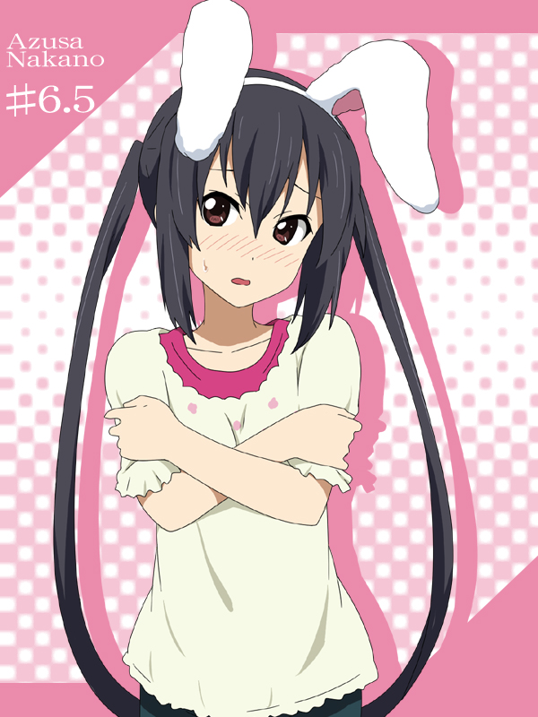 animal_ears arm_grab black_hair blush brown_eyes bunny_ears casual character_name fake_animal_ears ikari_manatsu k-on! long_hair nakano_azusa open_mouth solo sweat twintails