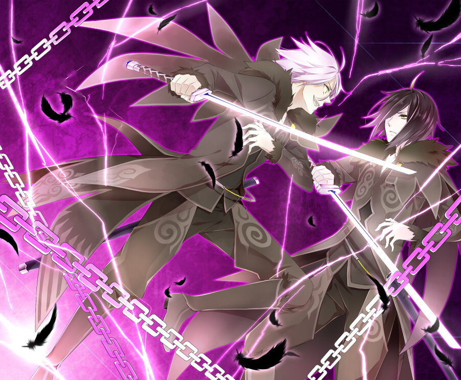 ahoge battle black_hair boots chain chains coat dual_persona electricity feathers male multiple_boys pants purple_background shii_(shii158) sword tales_of_(series) tales_of_xillia weapon white_hair wingar