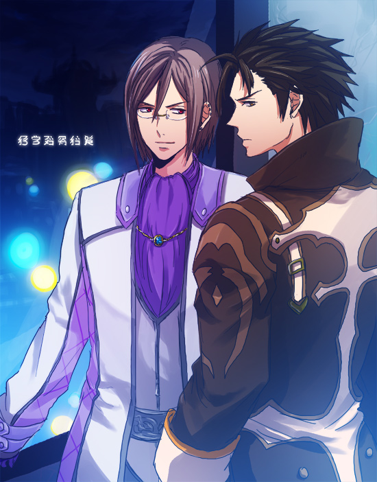 alvin_(tales_of_xillia) baran brown_hair character_request coat cousins earrings glasses jewelry male multiple_boys red_eyes sng tales_of_(series) tales_of_xillia