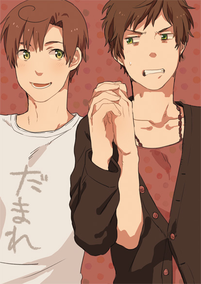 ahoge annoyed axis_powers_hetalia blush brown_hair clenched_teeth fingernails frown green_eyes hand_holding happy holding_hands jewelry lowres male multiple_boys necklace open_mouth personality_swap personality_switch polka_dot southern_italy_(hetalia) spain_(hetalia) sweat sweater t-shirt teeth zukki_(suzukio)