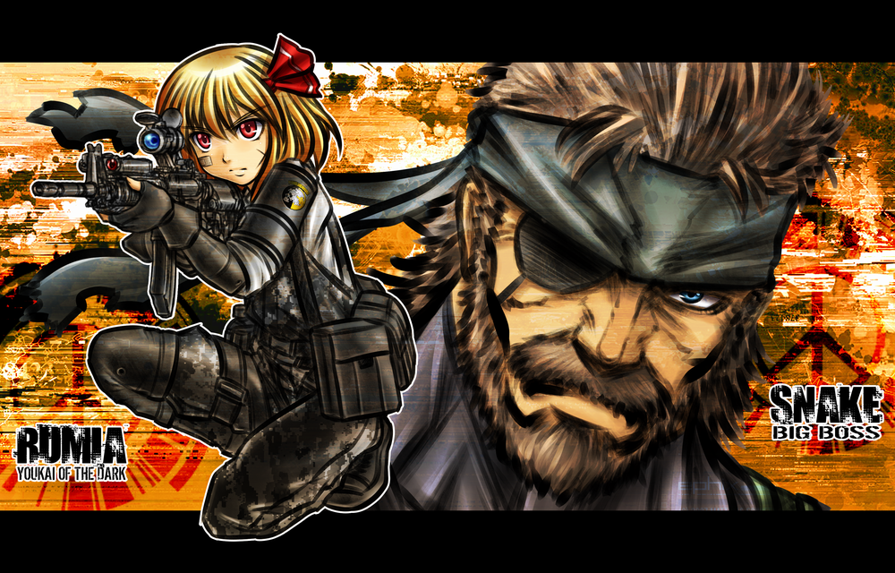 1girl assault_rifle bandaid beard big_boss blonde_hair blue_eyes brown_hair camouflage crossover eyepatch facial_hair finger_on_trigger fingerless_gloves five-seven gloves gun hair_ribbon headband kneeling letterboxed m4_carbine metal_gear metal_gear_solid one_knee operator red_eyes ribbon rifle rumia scope short_hair the_embodiment_of_scarlet_devil touhou weapon youkai