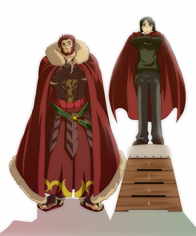 :&lt; armor bangs beard black_hair cape crossed_arms facial_hair fate/stay_night fate/zero fate_(series) green_eyes height_difference male mochibuns multiple_boys parted_bangs red_hair redhead rider_(fate/zero) short_hair waver_velvet
