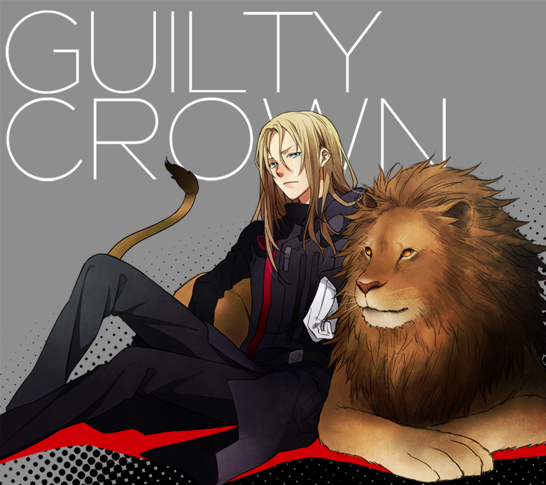 aqua_eyes bad_id blonde_hair gloves guilty_crown kazu_sanbon lion long_hair male solo title_drop tsutsugami_gai
