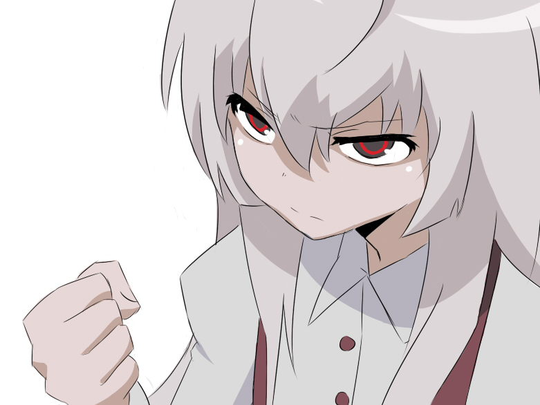 aisaka_taiga angry annoyed bad_id clenched_hand close-up dress_shirt face fist fujiwara_no_mokou grey_hair hands moko_(mewmew) parody red_eyes serious shirt simple_background solo style_parody suspenders toradora toradora! touhou vector_trace white_background