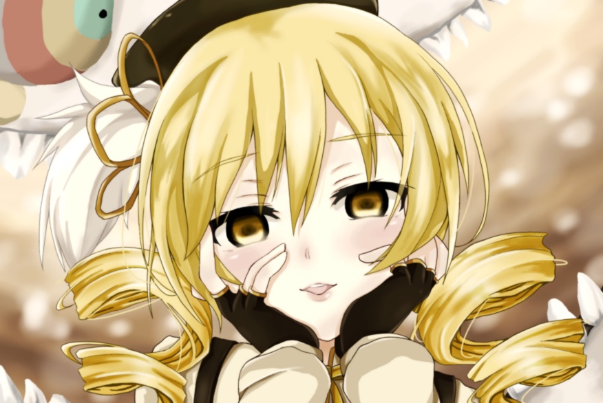 beret blonde_hair blush charlotte_(madoka_magica) derivative_work drill_hair fingerless_gloves gloves hair_ornament hand_on_cheek hands_on_own_cheeks hands_on_own_face hat magical_girl mahou_shoujo_madoka_magica mami_mogu_mogu mirai_nikki open_mouth parody portrait rateratte smile solo spoilers tomoe_mami twin_drills when_you_see_it yandere yandere_trance yellow_eyes