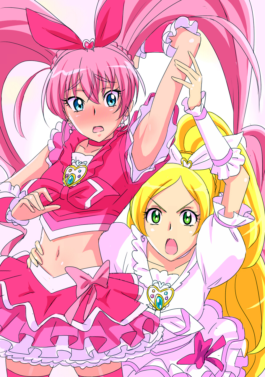 arm_up armpits blonde_hair blue_eyes blush commentary cure_melody cure_rhythm earrings face green_eyes highres houjou_hibiki ishii_takamori jewelry long_hair looking_at_viewer magical_girl midriff minamino_kanade mori_takashi_ishii multiple_girls navel open_mouth pink_hair pink_legwear ponytail precure showing_armpits suite_precure thigh-highs thighhighs twintails very_long_hair