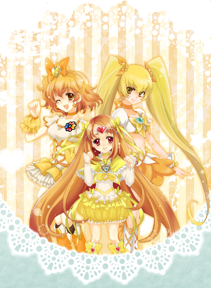 ;d blonde_hair boots bow brown_eyes brown_hair bubble_skirt choker circlet color_connection cure_muse cure_muse_(yellow) cure_pine cure_sunshine dress fresh_precure! frills hair_ribbon heart heartcatch_precure! long_hair magical_girl midriff multiple_girls myoudouin_itsuki open_mouth orange_dress precure red_eyes ribbon shirabe_ako short_hair side_ponytail smile suite_precure twintails wink wrist_cuffs yamabuki_inori yellow yellow_background yellow_dress yellow_eyes yukinabe_(pixiv944737)