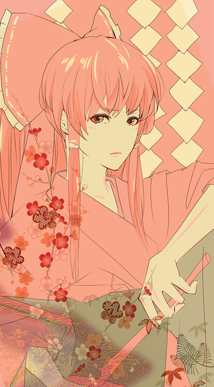 bangs bow branch eyeliner flower gohei hair_tubes hakurei_reimu japanese japanese_clothes jibi kimono long_hair looking_at_viewer makeup pale_skin patterned petals pink pink_eyes pink_hair profile red_eyeliner simple_background solo touhou traditional