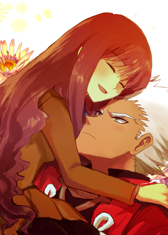 1girl aoto0000 archer bad_id carrying dark_skin fate/extra fate/stay_night fate_(series) female_protagonist_(fate/extra) flower grey_eyes hug white_hair