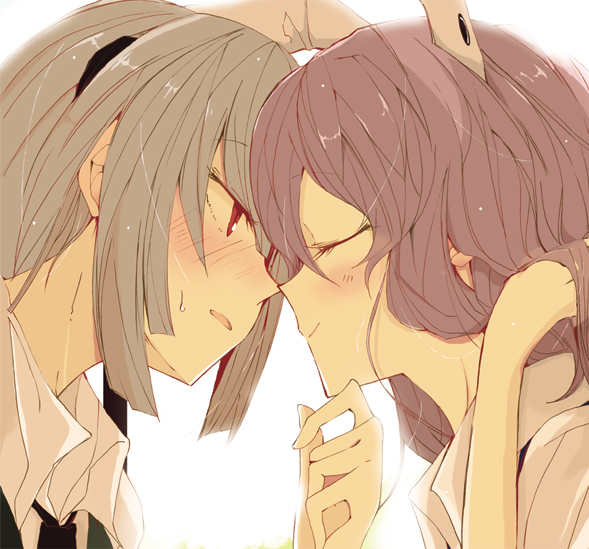 2girls animal_ears bad_id blush bunny_ears chin_grab closed_eyes face face-to-face face_to_face incipient_kiss konpaku_youmu multiple_girls red_eyes reisen_udongein_inaba sukima_(crie) touhou yuri