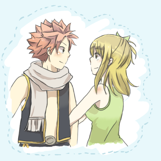 1girl blonde_hair blush couple dotted_outline erinan fairy_tail lucy_heartfilia natsu_dragneel pink_hair scarf smile