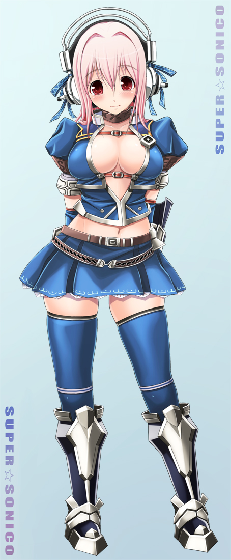 armor armored_dress arms_behind_back asuru azul_(armor) blue_legwear blush breasts capcom center_opening choker cleavage cosplay elbow_gloves gloves headphones large_breasts midriff monster_hunter monster_hunter_frontier navel nitroplus pink_hair red_eyes ribbon short_hair skindentation skirt solo sonico standing super_sonico thigh-highs thighhighs v-mag