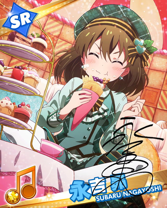 1girl ^_^ blush brown_hair character_name closed_eyes cupcake eating food food_on_face hat idolmaster idolmaster_million_live! musical_note nagayoshi_subaru official_art pastry signature