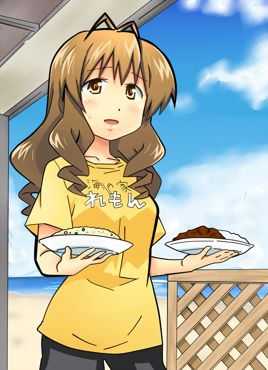 antenna_hair beach cloud curry drill_hair food fried_rice highres ocean shiguko shinryaku!_ikamusume sky solo sweat t-shirt tokita_ayumi waitress