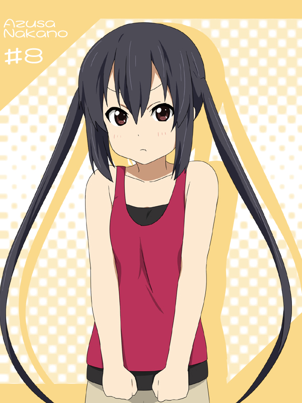 :t bare_shoulders black_hair brown_eyes casual character_name clenched_hands fist ikari_manatsu k-on! long_hair nakano_azusa pout solo tank_top twintails