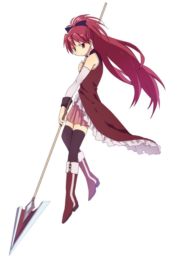 boots bow detached_sleeves hair_bow long_hair magical_girl mahou_shoujo_madoka_magica polearm ponytail red_eyes red_hair redhead sakura_kyouko skirt solo spear thigh-highs thighhighs weapon white_background zukki_(suzukio)