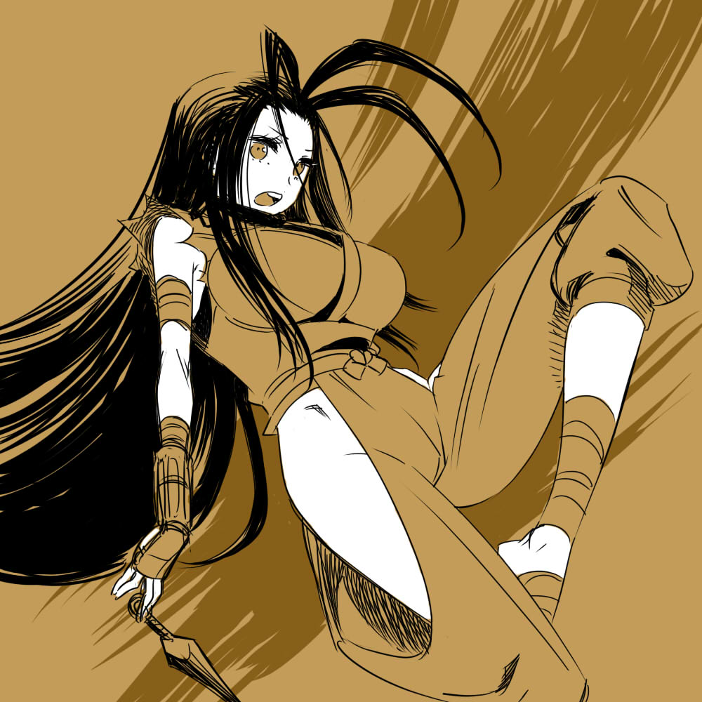 ankle_wraps antenna_hair bandage bandages bare_shoulders barefoot black_hair breasts brown brown_eyes capcom fingerless_gloves gloves hair_down ibuki large_breasts long_hair ninja nonjake pants simple_background solo street_fighter street_fighter_iii