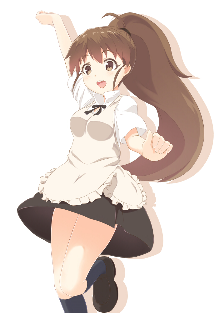 apron arm_up blush breasts brown_eyes brown_hair long_hair momo_no_kanzume open_mouth ponytail skirt smile solo taneshima_popura very_long_hair waitress working!!