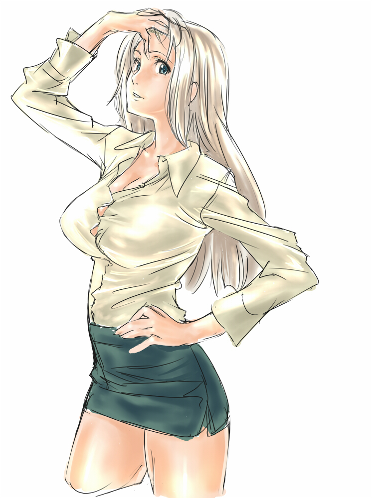 breasts cleavage copyright_request dodai_shouji green_eyes hand_on_hip hips large_breasts light_smile long_hair miniskirt shirt sho~taro simple_background sketch skirt solo taut_shirt