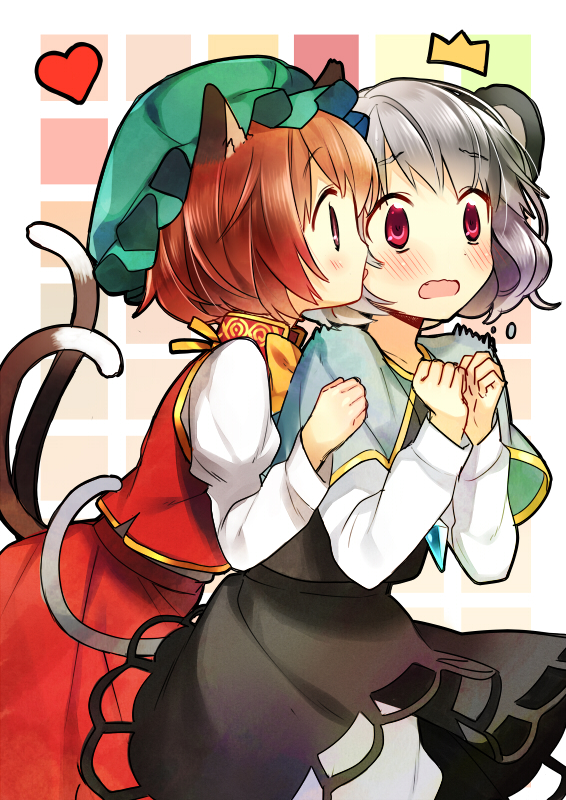 2girls animal_ears bow brown_hair capelet cat_ears cat_tail chen chinese_clothes dress fang grey_hair hanabana_tsubomi hands_clasped hat heart jewelry licking mouse_ears multiple_girls multiple_tails nazrin pendant red_eyes short_hair silver_hair surprised tail touhou wavy_mouth yuri