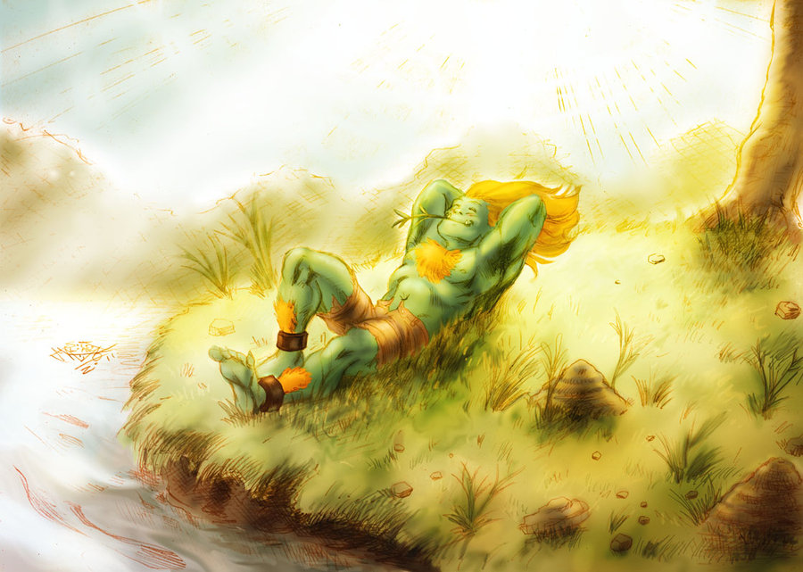 anklet blanka chest_hair closed_eyes eyes_closed green_skin hairy_legs jewelry long_hair lying male matiassoto mouth_hold muscle nature orange_hair relaxing riverbank shorts signature solo street_fighter sunbeam sunlight topless