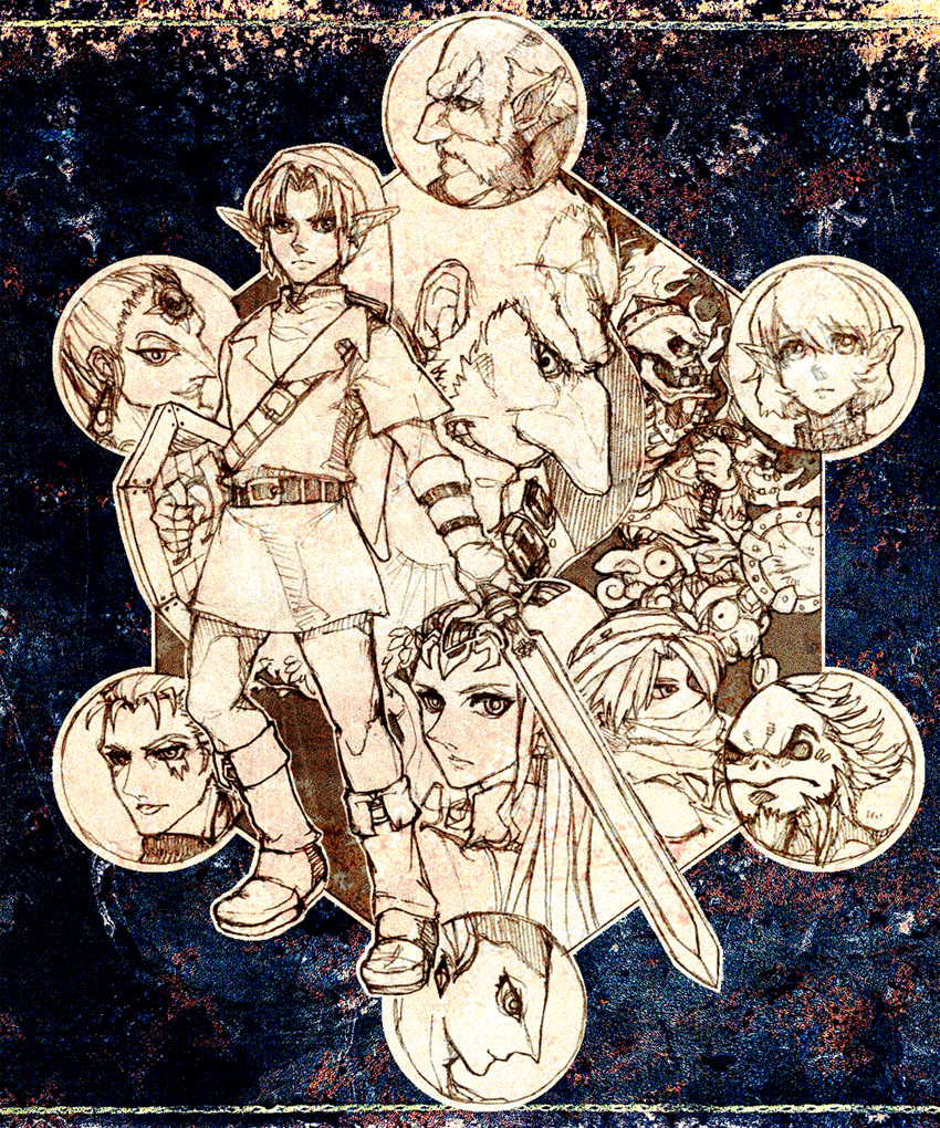 ganondorf impa kotake koume link mochio_(ibuki) monochrome nabooru nintendo ocarina_of_time pointy_ears princess_ruto princess_zelda rauru saria sheik sheil shield skeleton stalfos sword the_legend_of_zelda twinrova weapon