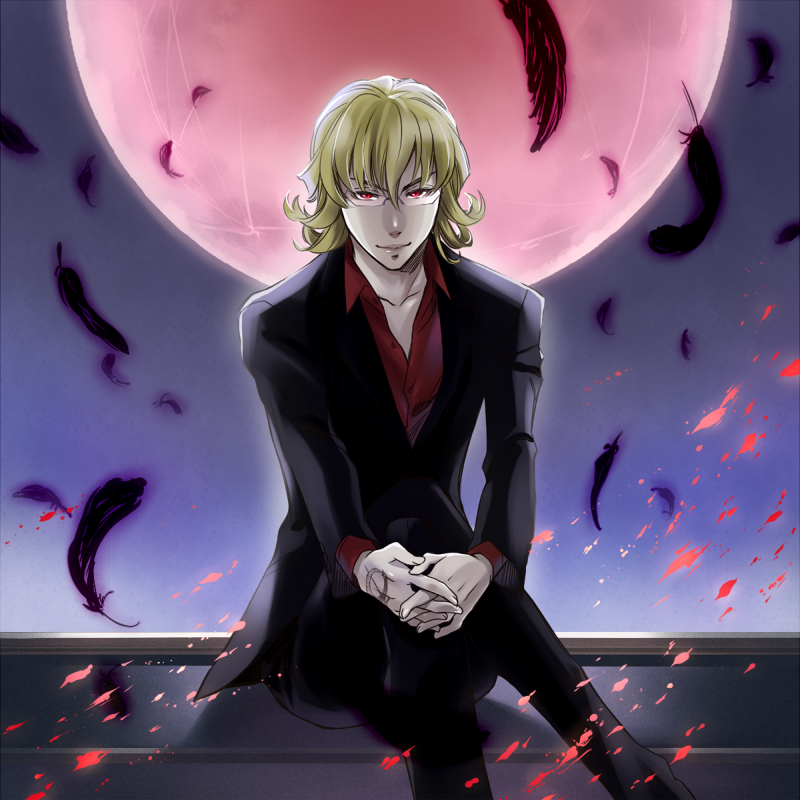 barnaby_brooks_jr blonde_hair crossed_legs dark_persona feathers formal full_moon glasses h-saiga legs_crossed male moon ourobunny red_eyes red_moon sitting solo suit tattoo tiger_&amp;_bunny