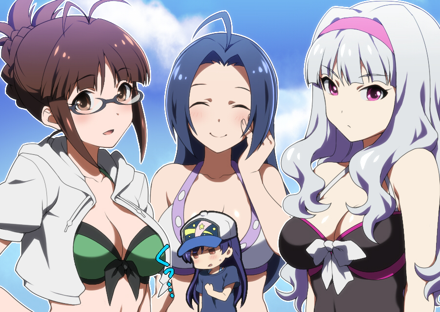 akizuki_ritsuki akizuki_ritsuko baseball_cap bikini bikini_top bolero breast_envy breasts cleavage closed_eyes cropped_jacket envy flat_chest front-tie_top glasses hat hoodie idolmaster kisaragi_chihaya large_breasts looking_at_viewer miura_azusa official_style shijou_takane smile swimsuit