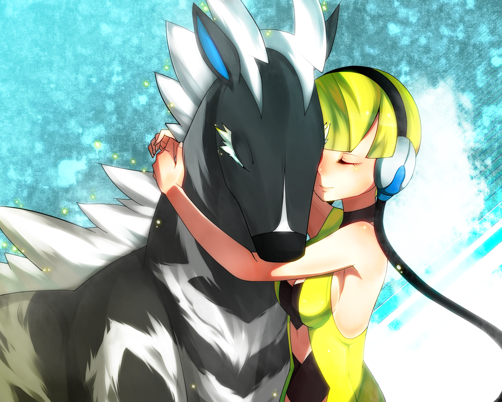 1girl blonde_hair breasts closed_eyes hachimaru_(ediciusa) headphones hug kamitsure_(pokemon) pokemon pokemon_(creature) pokemon_(game) pokemon_black_and_white pokemon_bw short_hair sideboob smile zebstrika